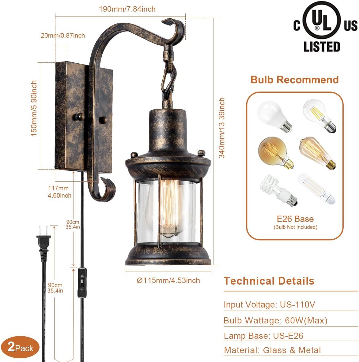 Wall Lamp Bedside Modern Indoor Wall Light with Switch American Vintage Style for Restaurant, Bedroom, Staircase, Villa Lighting