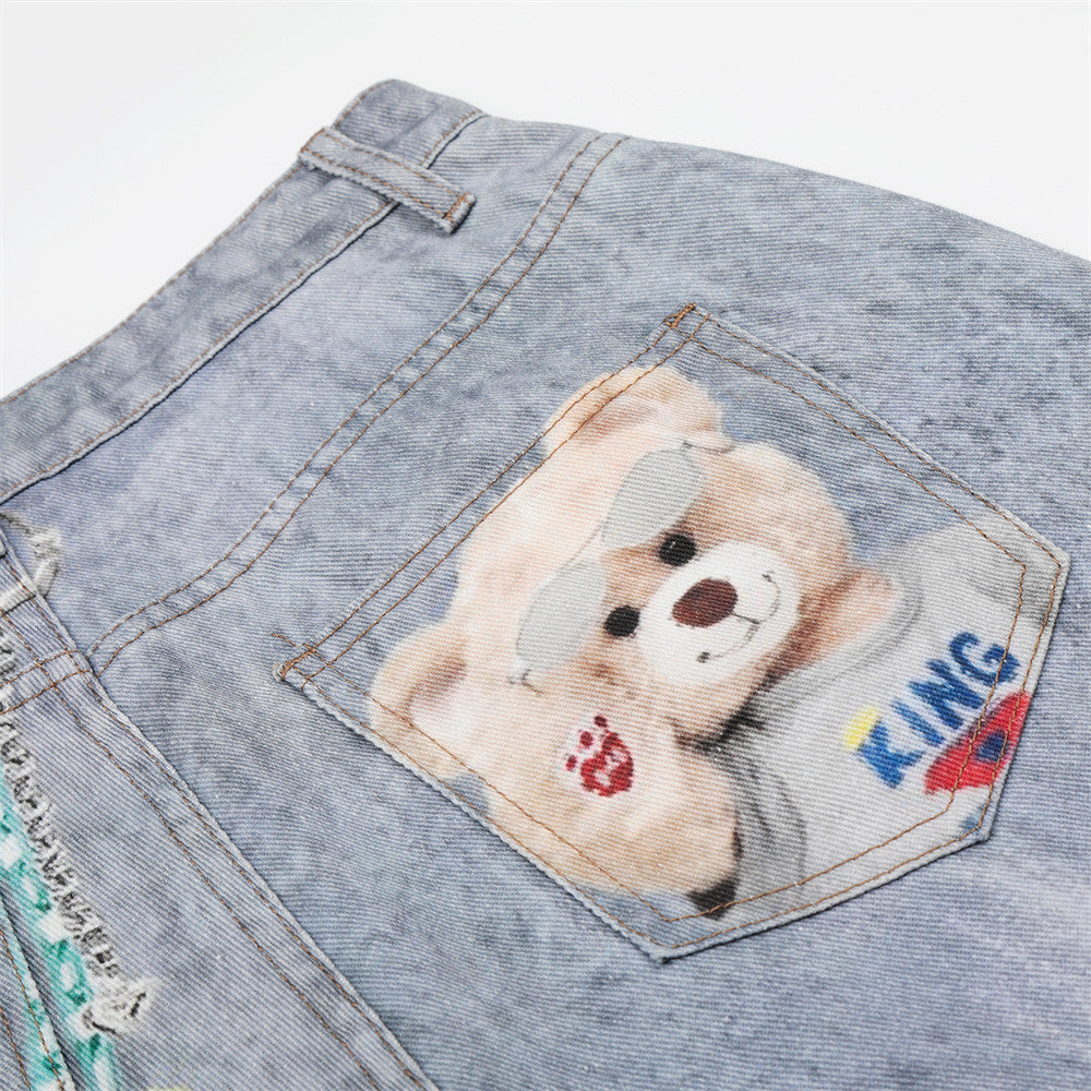 Teddy bear cartoon hot stamping straight leg denim pants