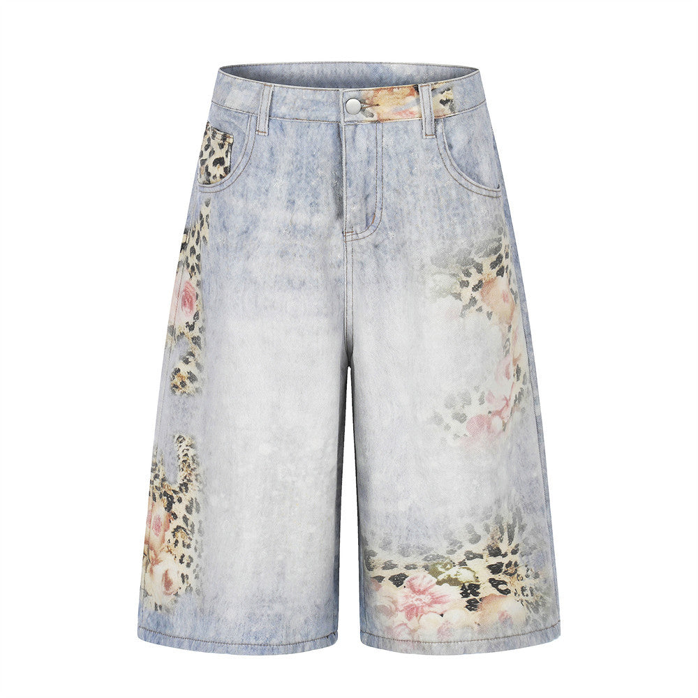 Gradient washed distressed denim shorts