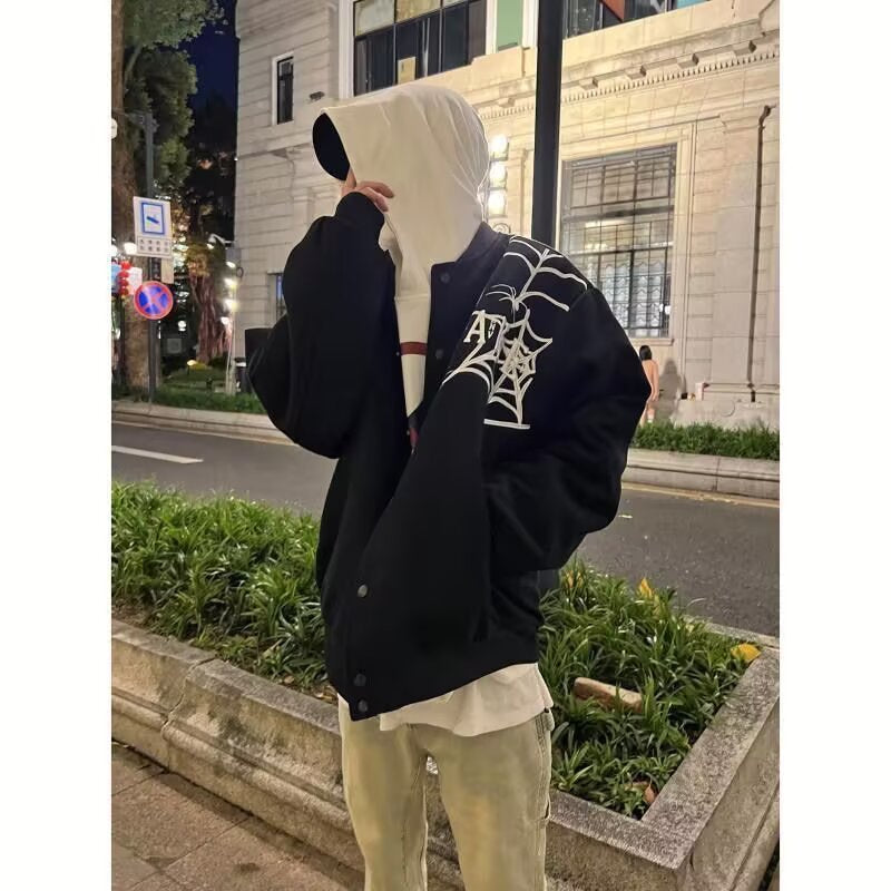 Spider Web Embroidery Jacket, Casual Streetwear Outerwear