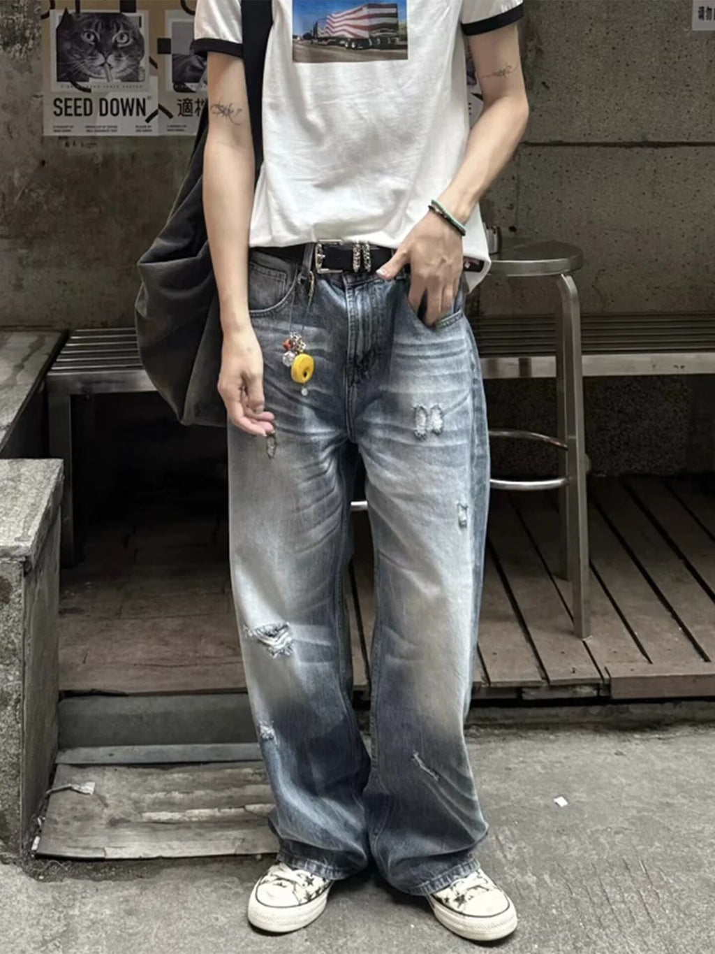 Vintage Ripped Wide Leg Jeans for Women High Waist Loose Straight Leg Denim Pants