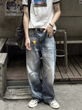 Vintage Ripped Wide Leg Jeans for Women High Waist Loose Straight Leg Denim Pants
