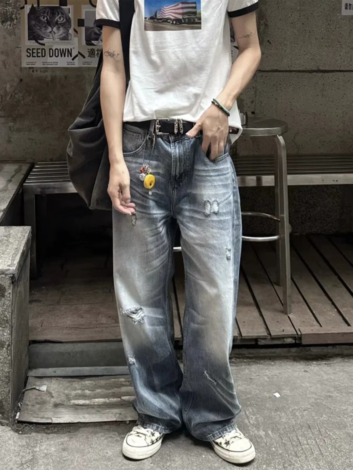 Vintage Ripped Wide Leg Jeans for Women High Waist Loose Straight Leg Denim Pants