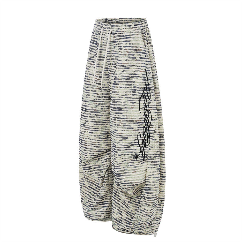 Digital printed striped wide leg curved knife pants