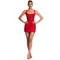 Square Neck Sleeveless High Waist Tie Belt Slim Fit Elegant 3D Pleated Bodycon Short Dress