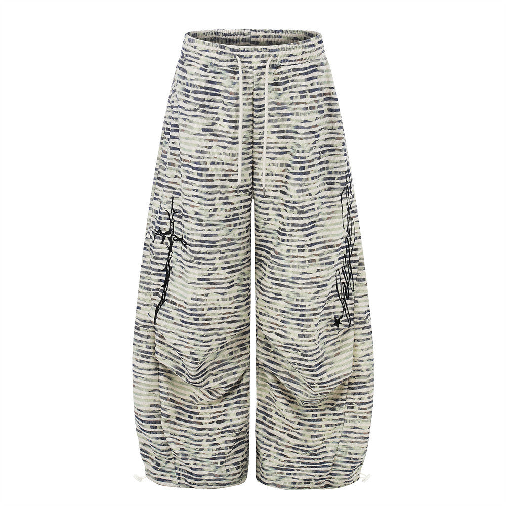 Digital printed striped wide leg curved knife pants