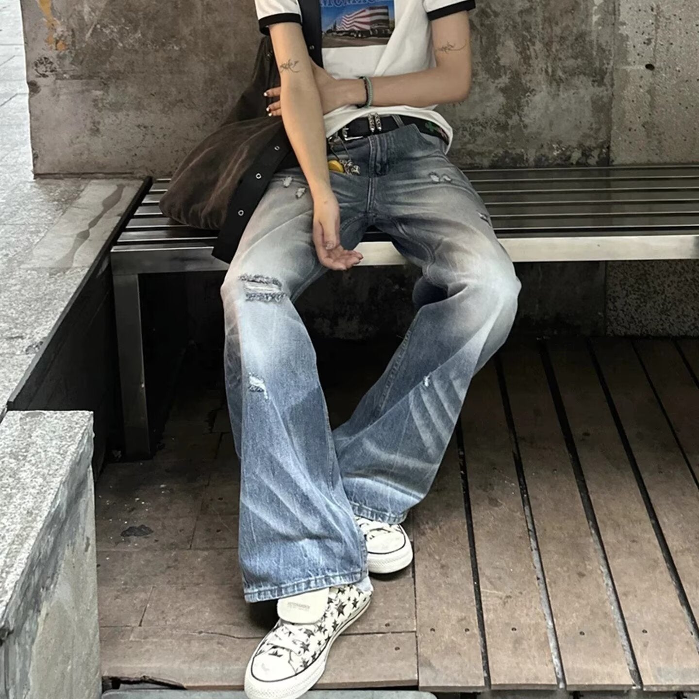 Vintage Ripped Wide Leg Jeans for Women High Waist Loose Straight Leg Denim Pants