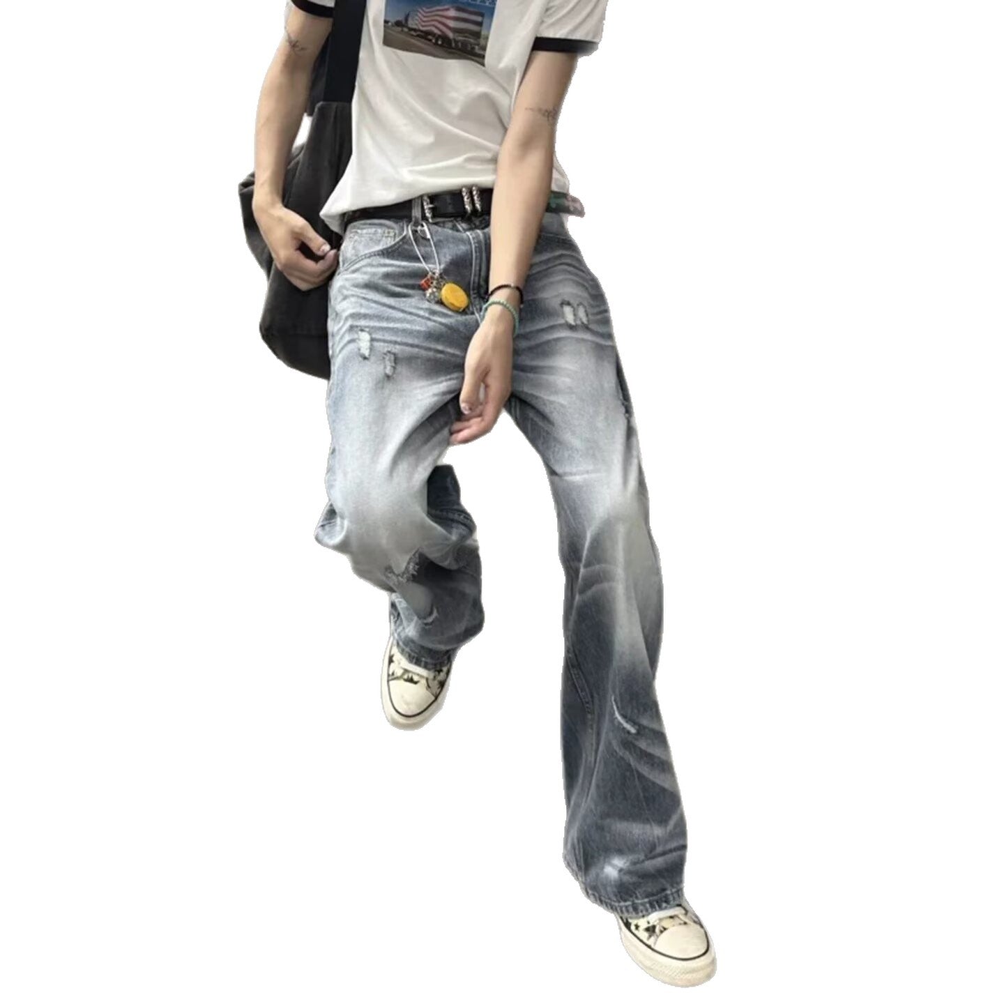 Vintage Ripped Wide Leg Jeans for Women High Waist Loose Straight Leg Denim Pants