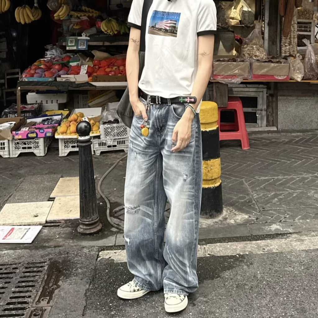 Vintage Ripped Wide Leg Jeans for Women High Waist Loose Straight Leg Denim Pants