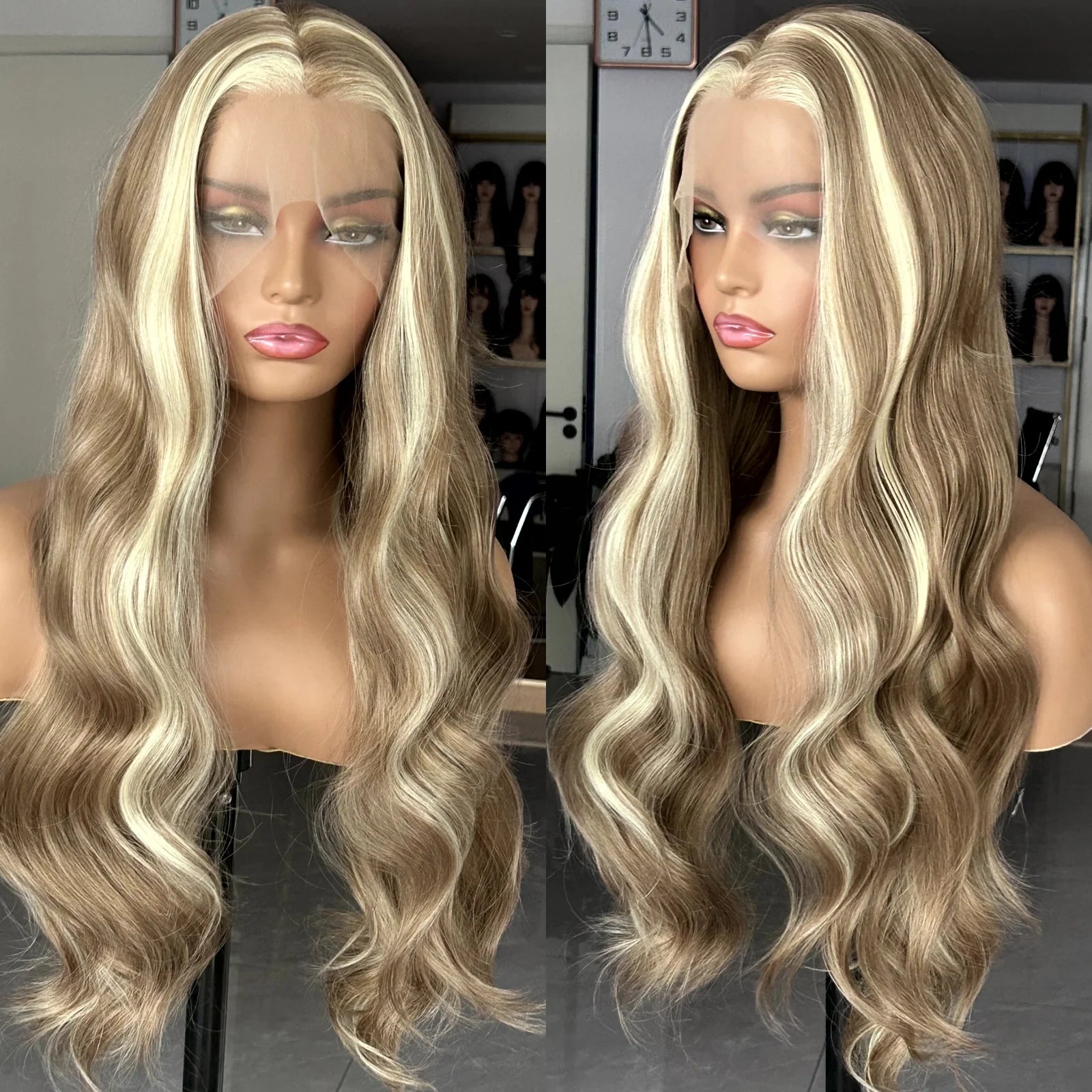 Brown Wig with Ash Blonde Highlights Synthetic Hair Long Wavy Loose Body Wave Streaks Money Piece 13X4 Frontal Wigs for Women