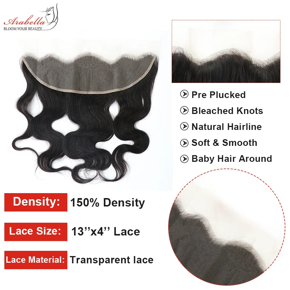 Body Wave Lace Frontal 100% Human Hair Arabella Remy Lace Closure Pre Plucked Bleached Knots 13x4 Transparent Lace Frontal