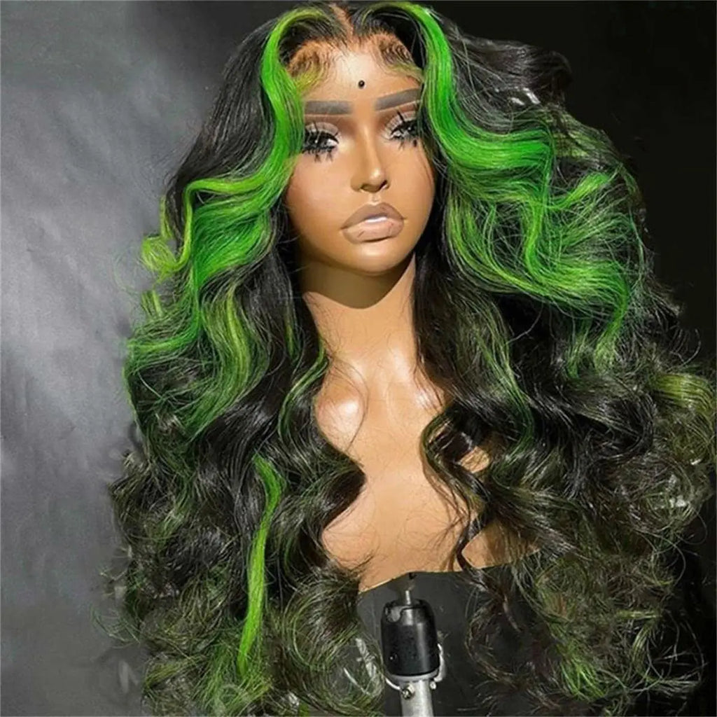 Highlight Green With Black Wig Synthetic Lace Frontal Wig Pre Plucked With Baby Hair 180% Density Fiber 13X4 Lace Front Wigs
